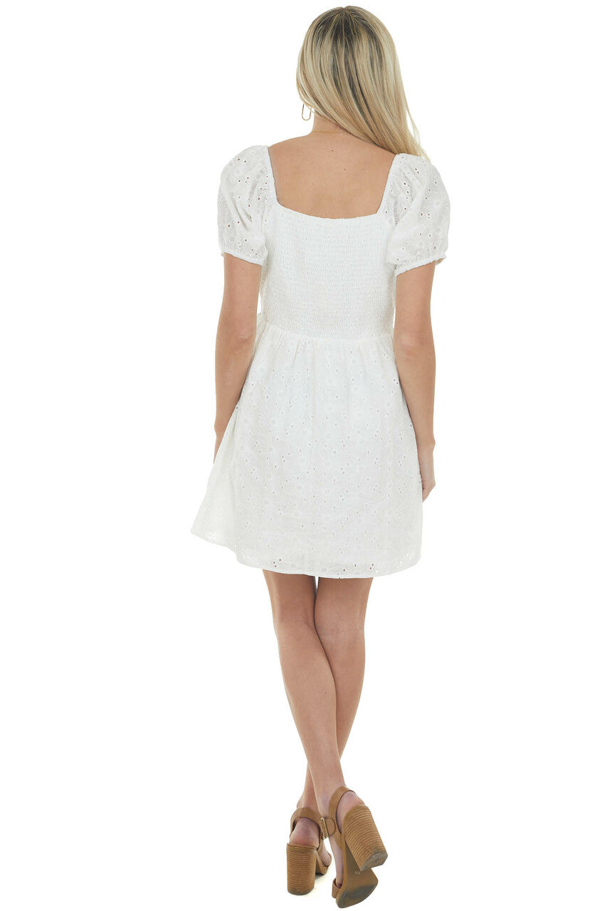 Off White Eyelet Lace Empire Waist Short Dress 