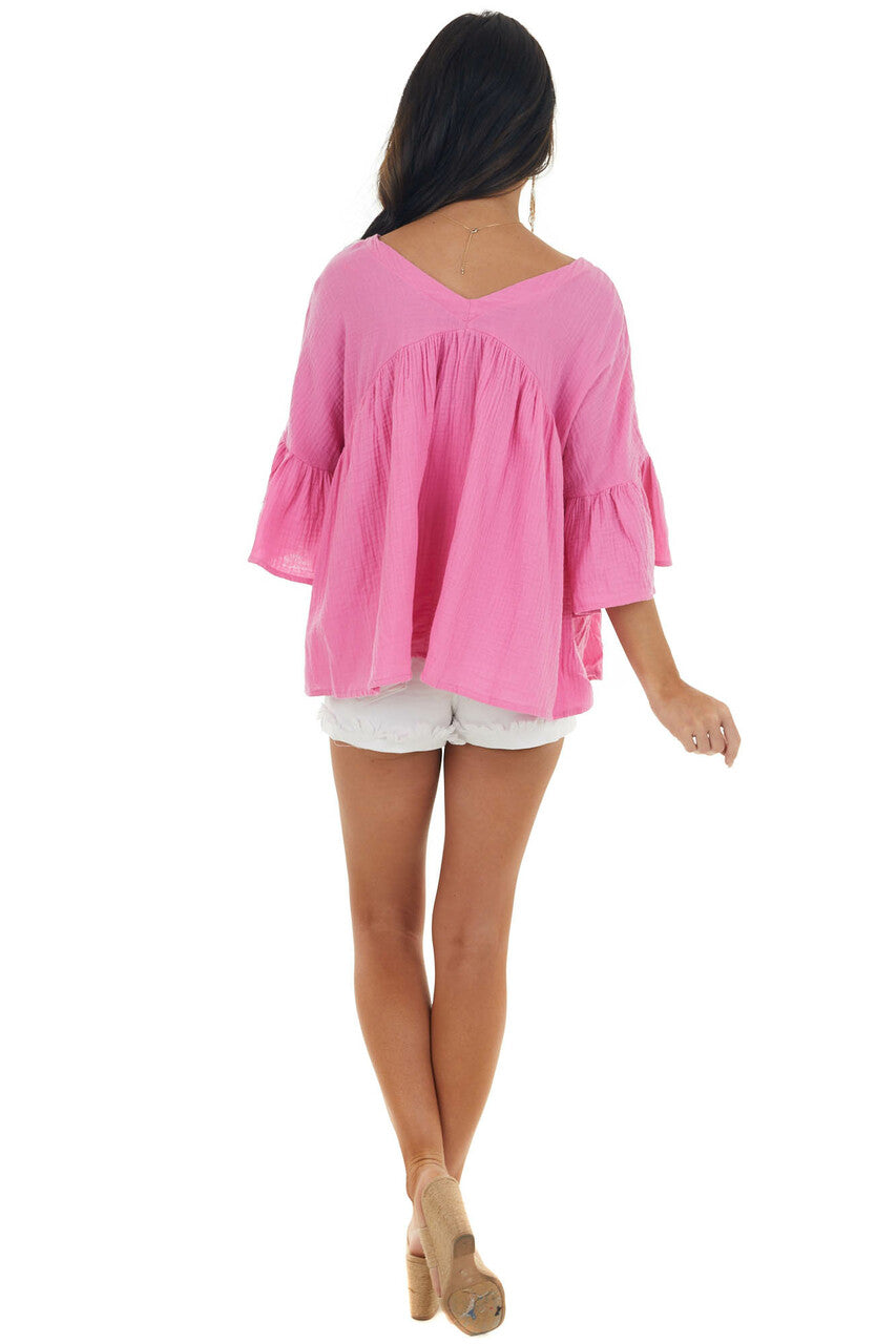 Thulian Pink Button Down Flare Sleeve Blouse 