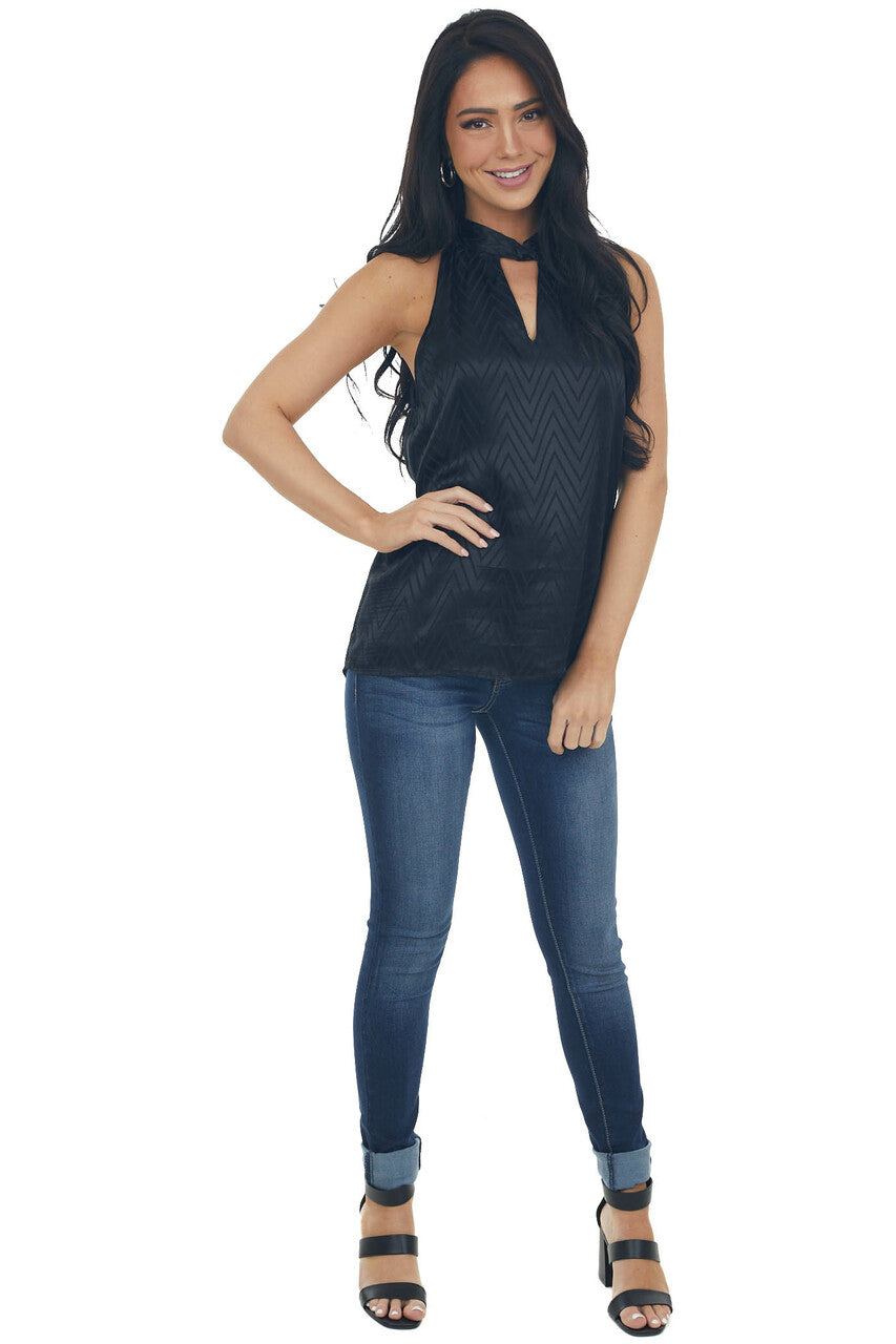Black Abstract Print Satin Halter Neck Blouse