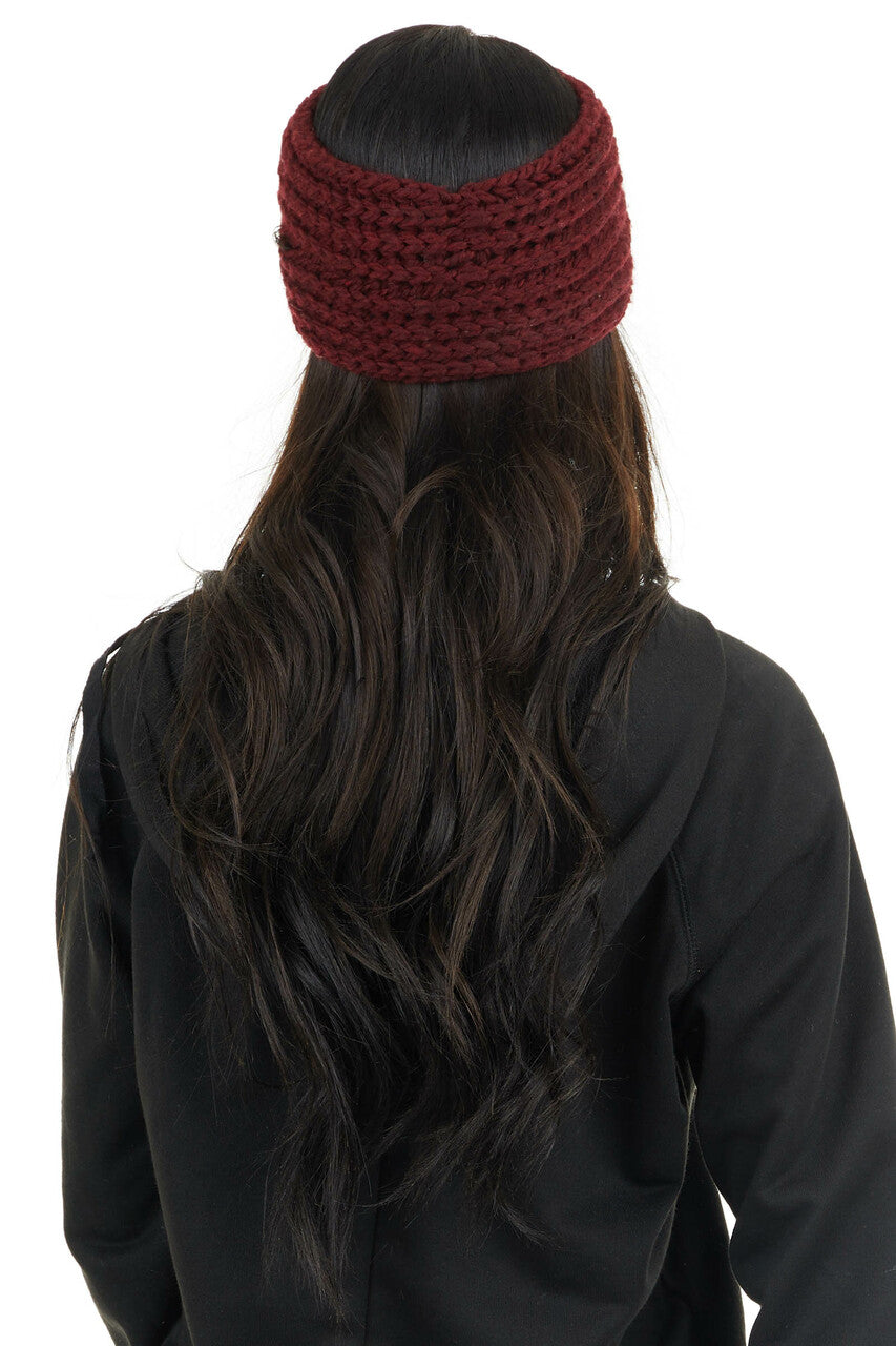 Burgundy Crochet Knit Headband with Front Criss Cross Detail