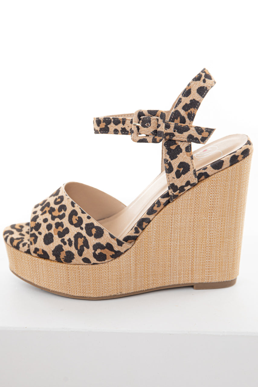 Beige Leopard Print Open Toe Wedge with Ankle Strap
