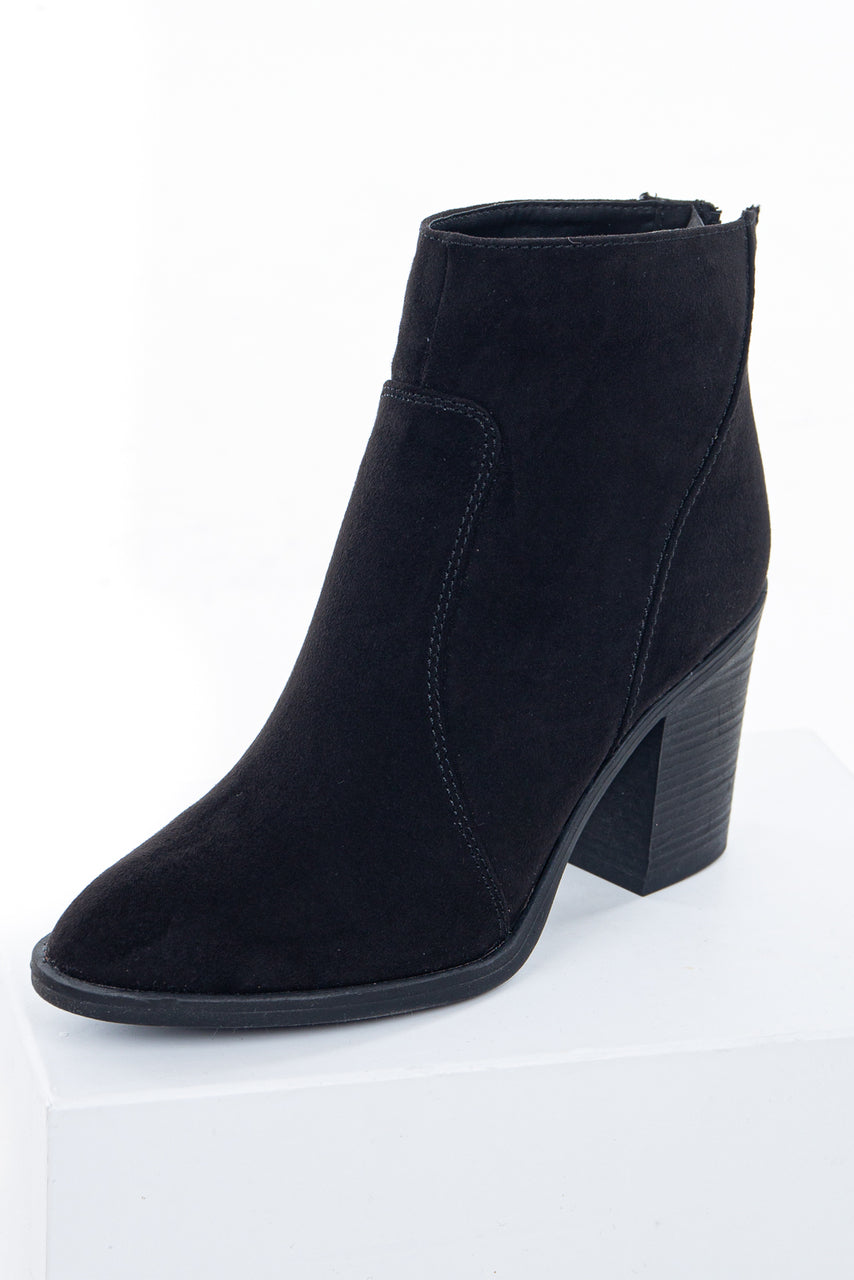 Black Pointed Toe Ankle Suede Booties with Block Heel