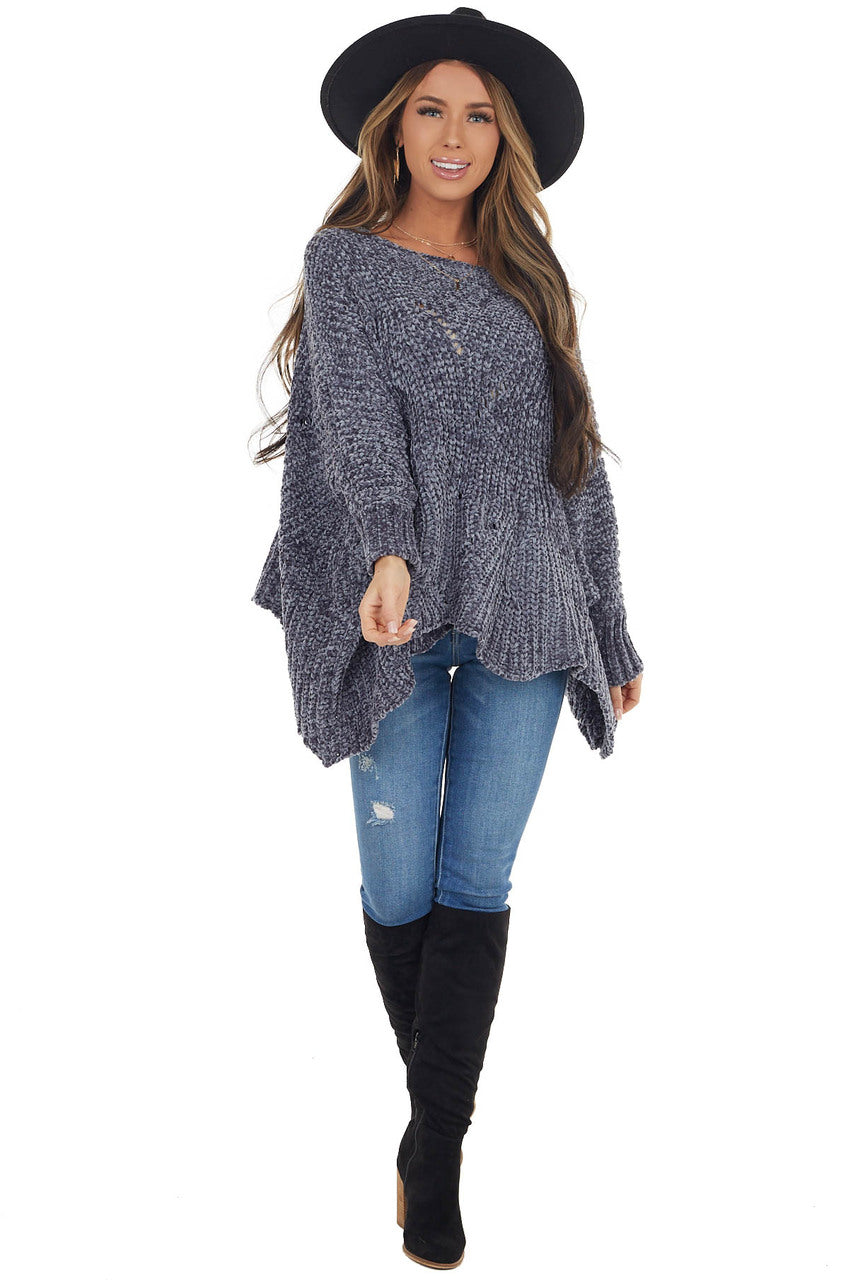 Slate Blue Chenille Knit Sweater with Long Dolman Sleeves