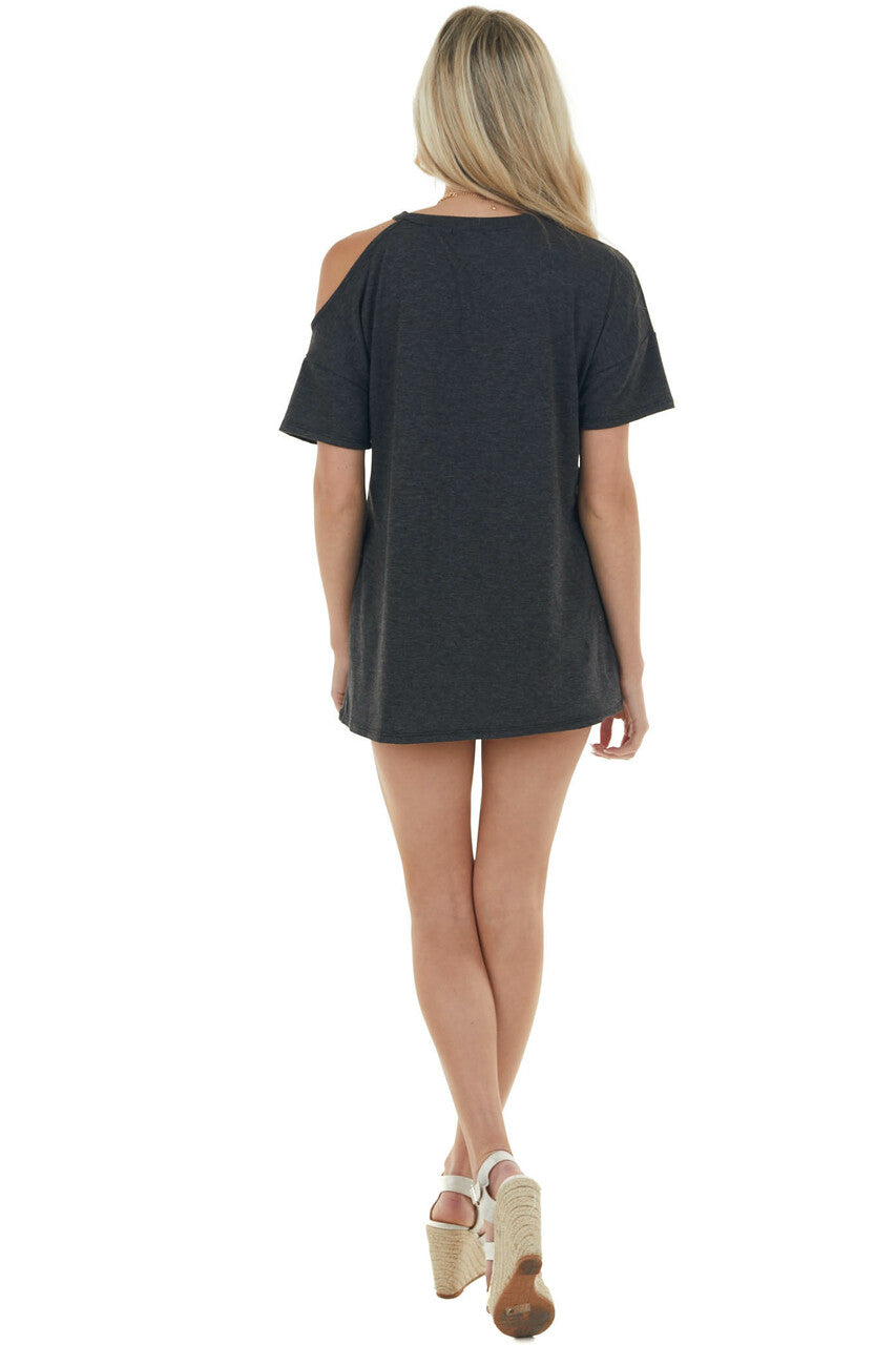 Charcoal Short Sleeve Cold Shoulder Stretchy Knit Top