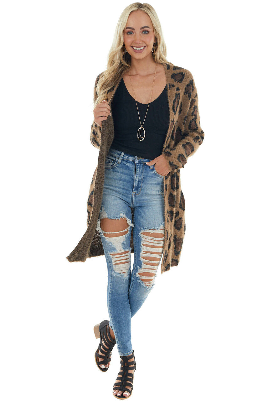 Dark Latte Leopard Print Fuzzy Cardigan