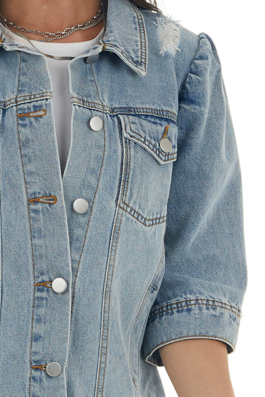 Light Wash Half Sleeve Button Up Denim Jacket