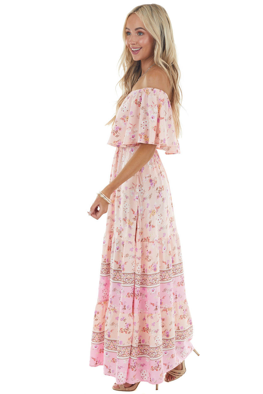 Light Peach Floral Print Off Shoulder Woven Maxi Dress