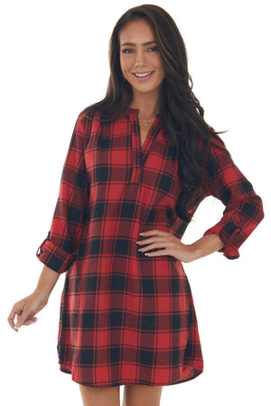 Crimson Buffalo Plaid Notch Neck Shirt Dress 
