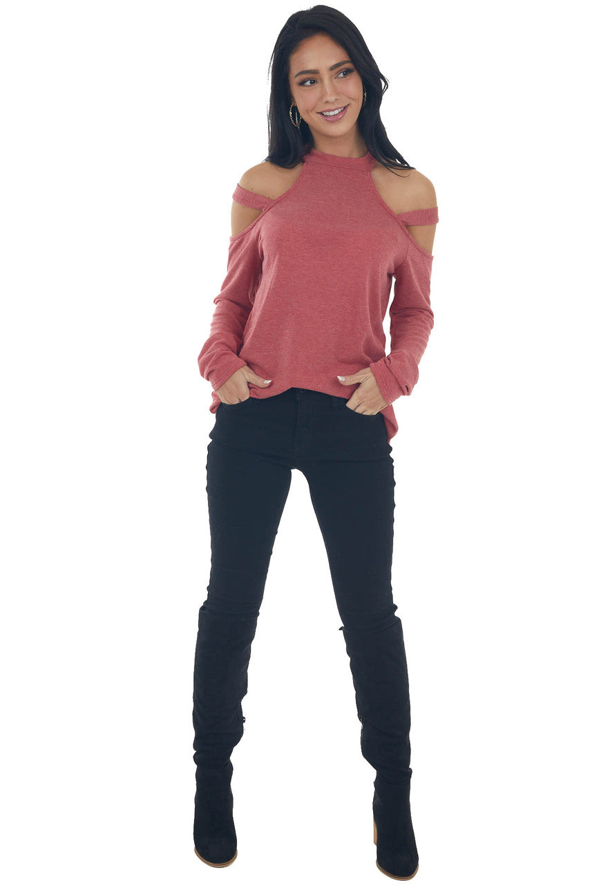 Crimson Cold Shoulder Mock Neck Knit Top