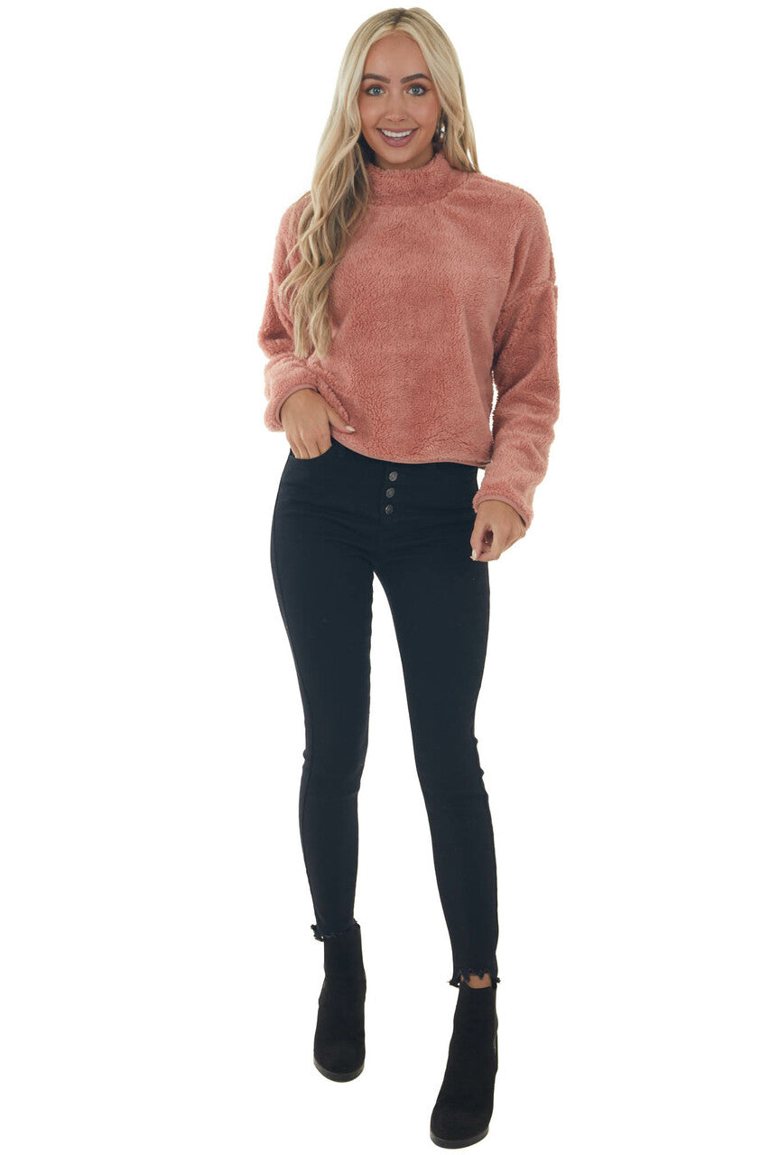 Hazy Pink Soft Faux Fur Mock Neck Crop Top