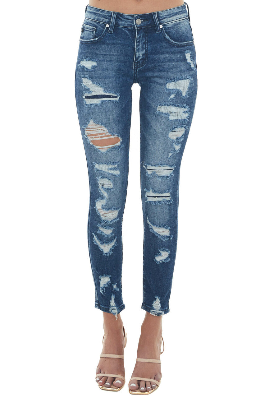 Dark Mid Rise Distressed Ankle Skinny Jeans