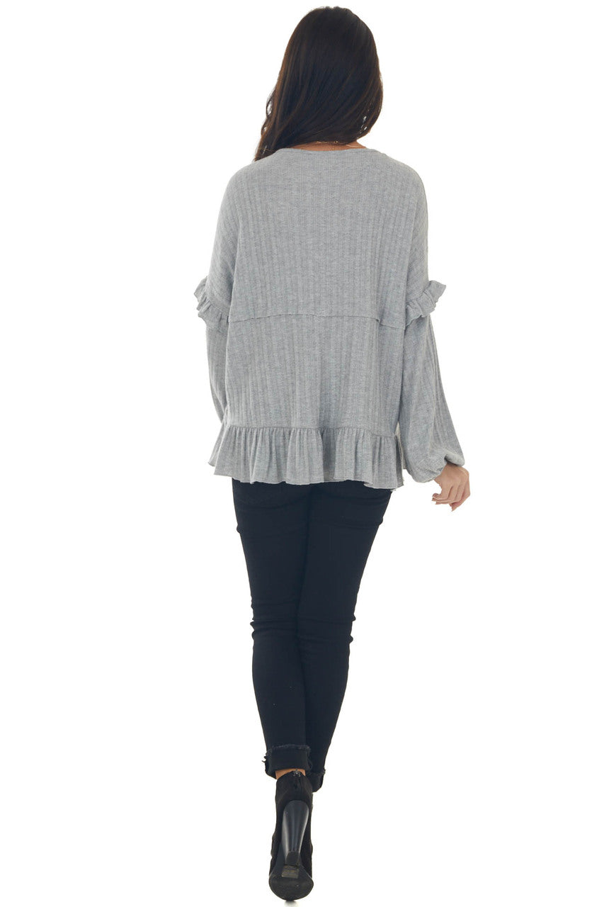 Dove Grey Ribbed Knit Long Sleeve Ruffle Top with Front Tie
