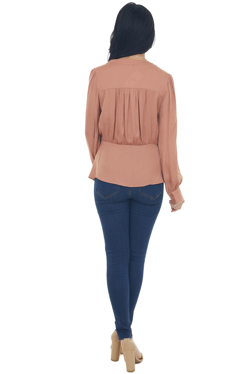 Dusty Apricot V Neck Drop Waist Satin Blouse