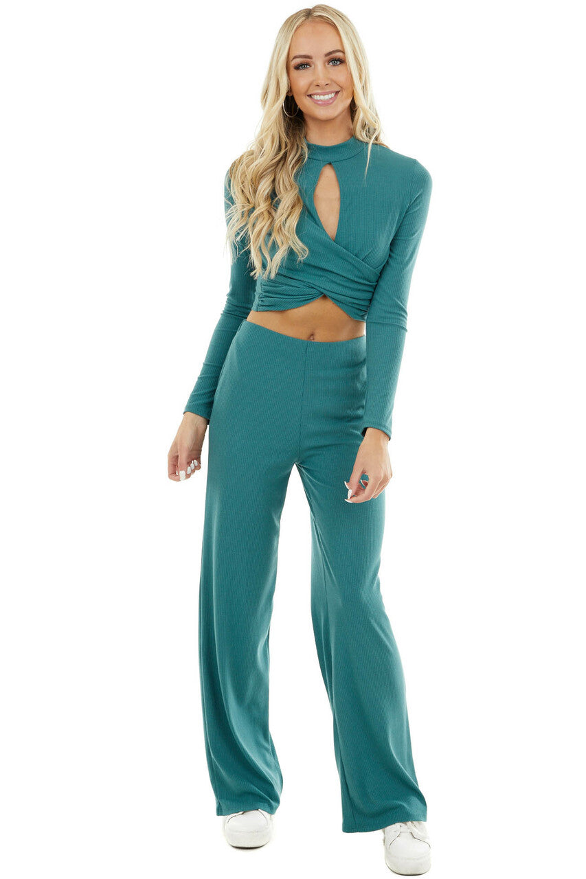 Pine Cross Front Ribbed Knit Crop Top with Front Keyhole 