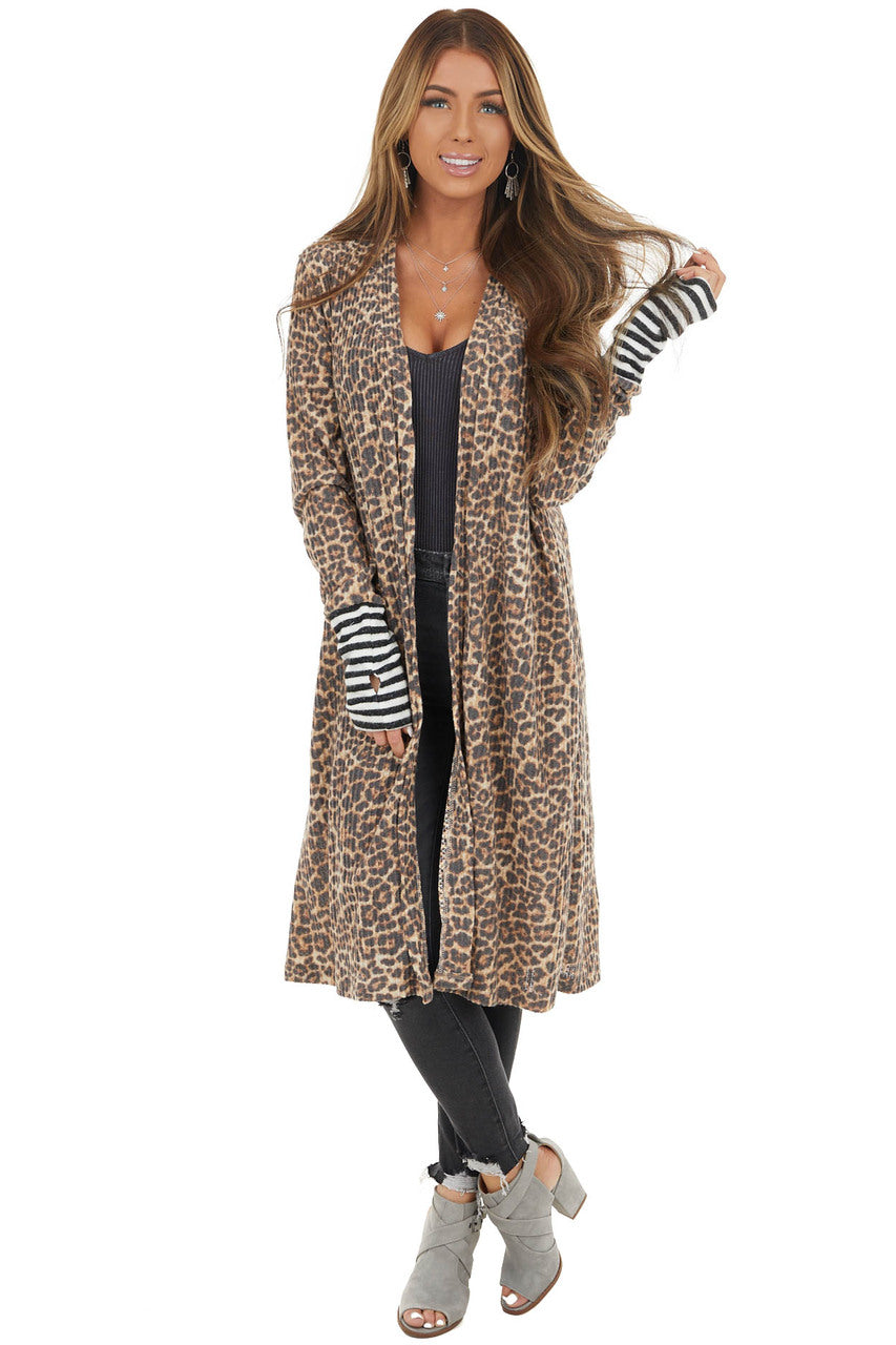 Beige Leopard Print Cardigan with Striped Contrasts