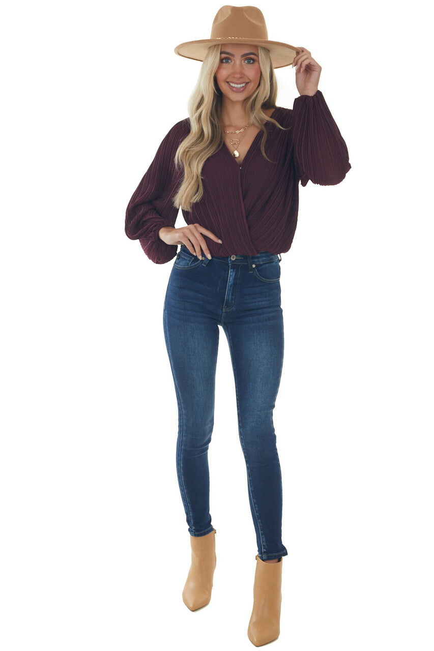 Plum Surplice Long Sleeve Pleated Blouse
