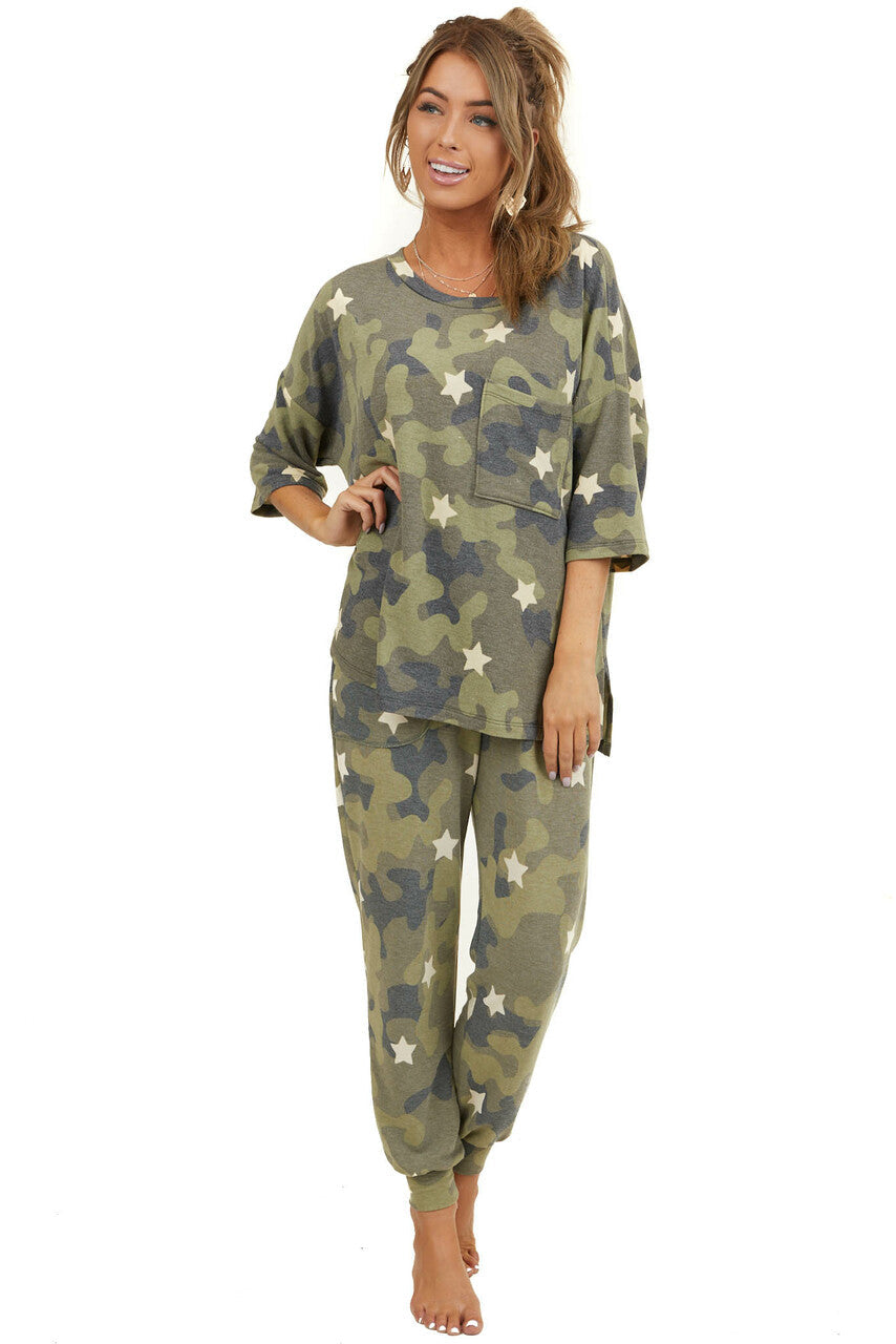 Olive Camo and Star Print Short Sleeve Top with Front Pocket 