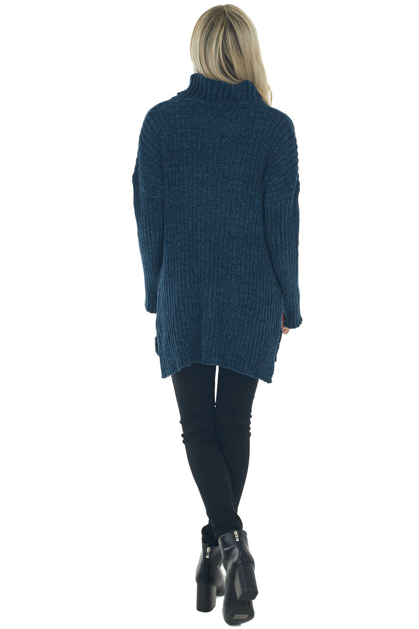 Steel Blue Chenille Ribbed Cowl Neck Sweater
