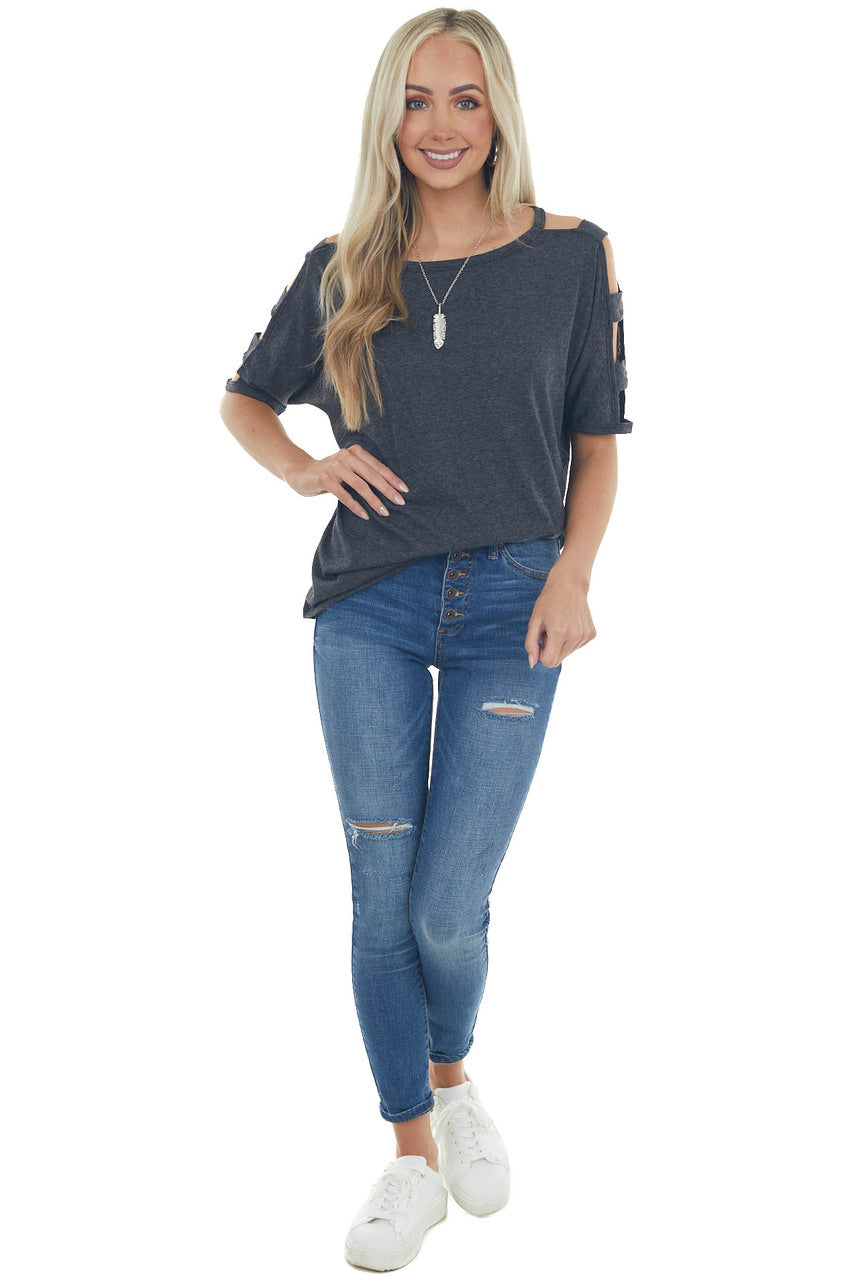 Charcoal Melange Ladder Cut Out Sleeve Tee