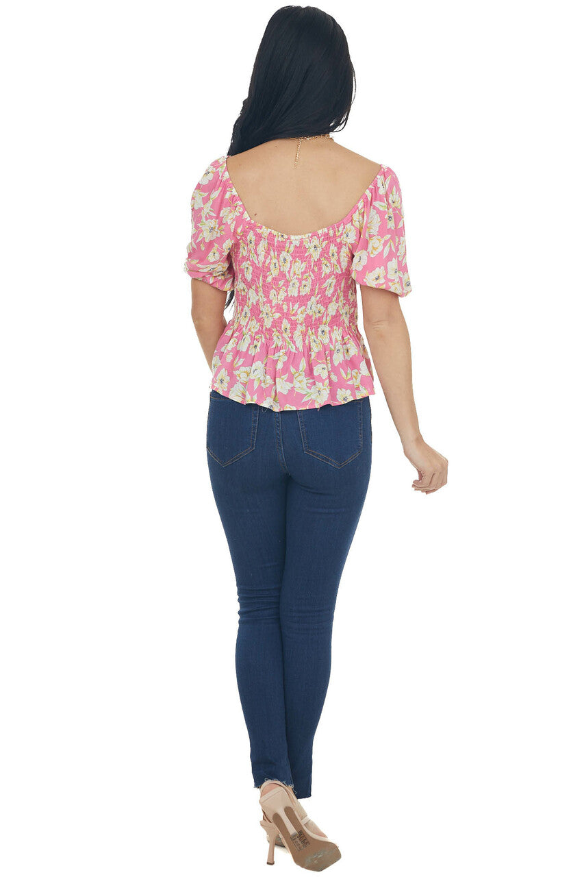 Bubblegum Pink Floral Print Peplum Top