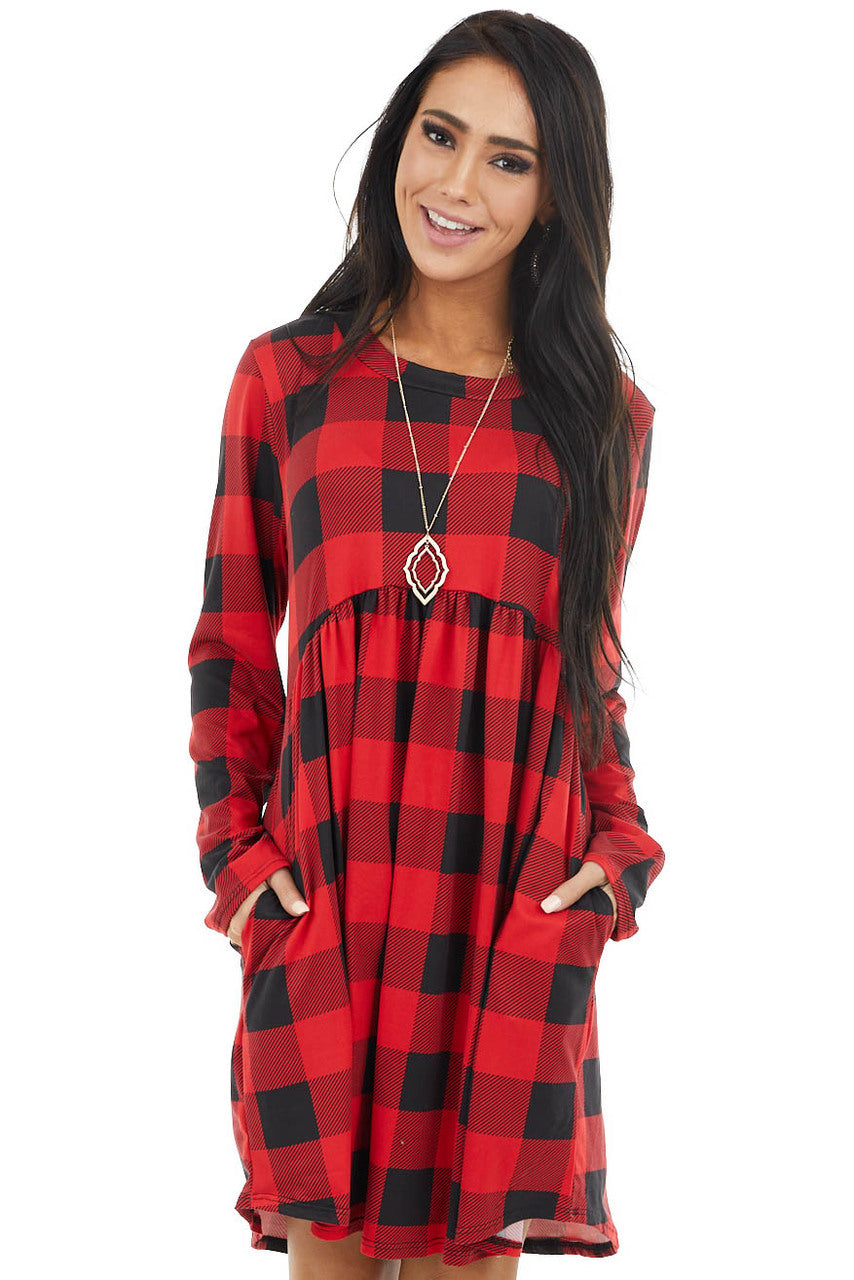Ruby Red Buffalo Plaid Print Knit Long Sleeve Babydoll Dress