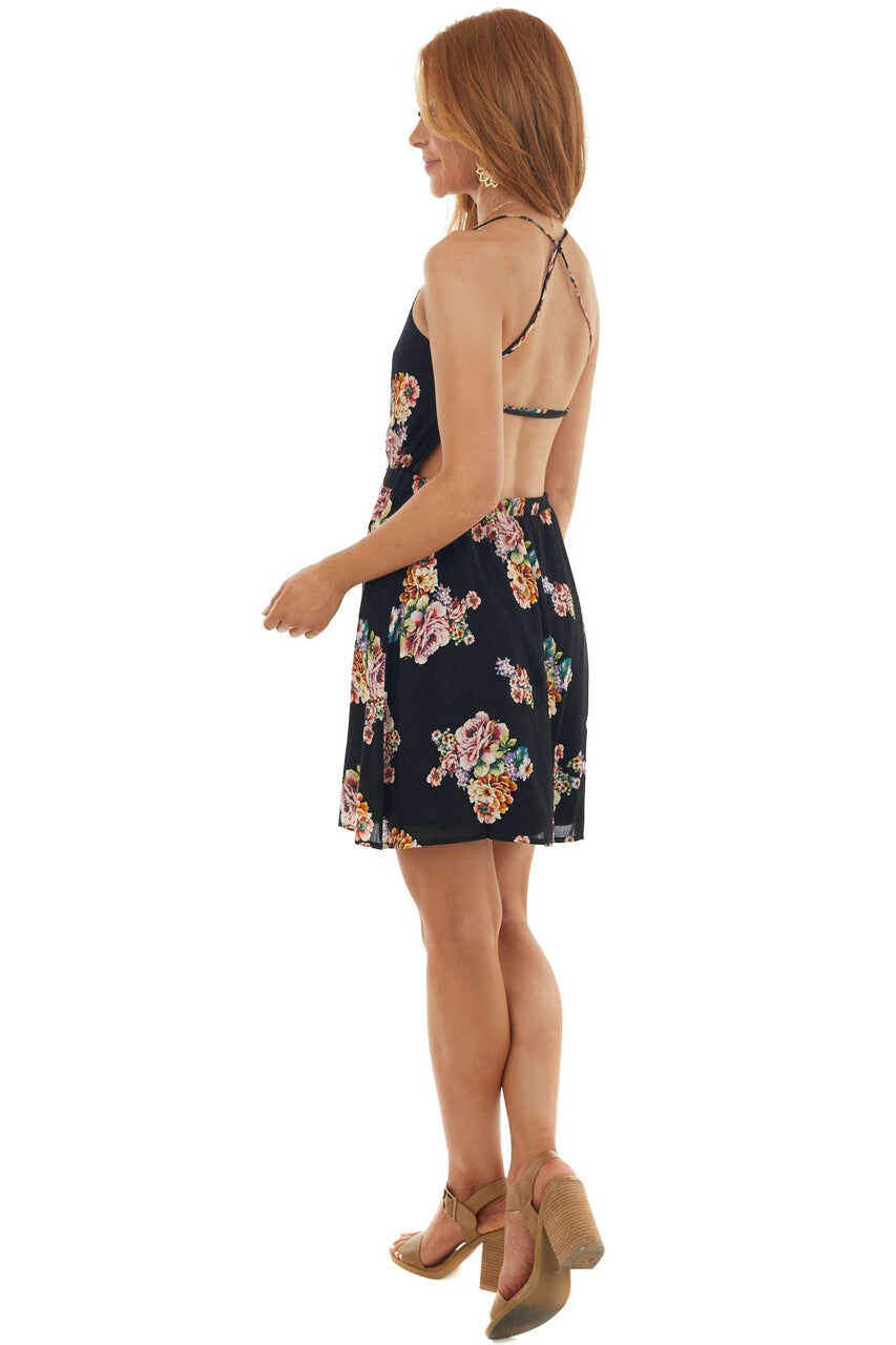 Black Floral Open Back Sleeveless Mini Dress