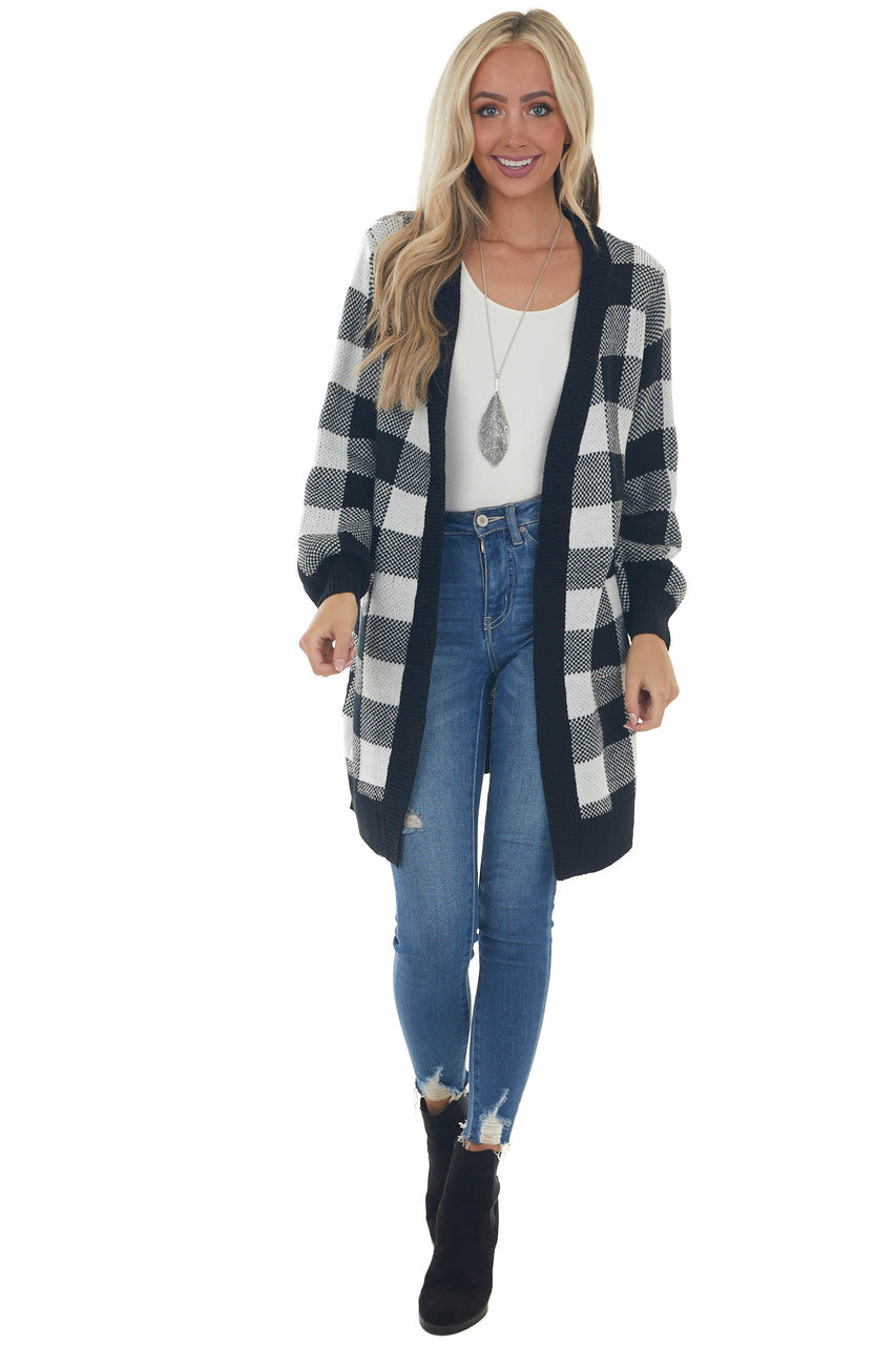 Off White Buffalo Plaid Puff Sleeve Cardigan