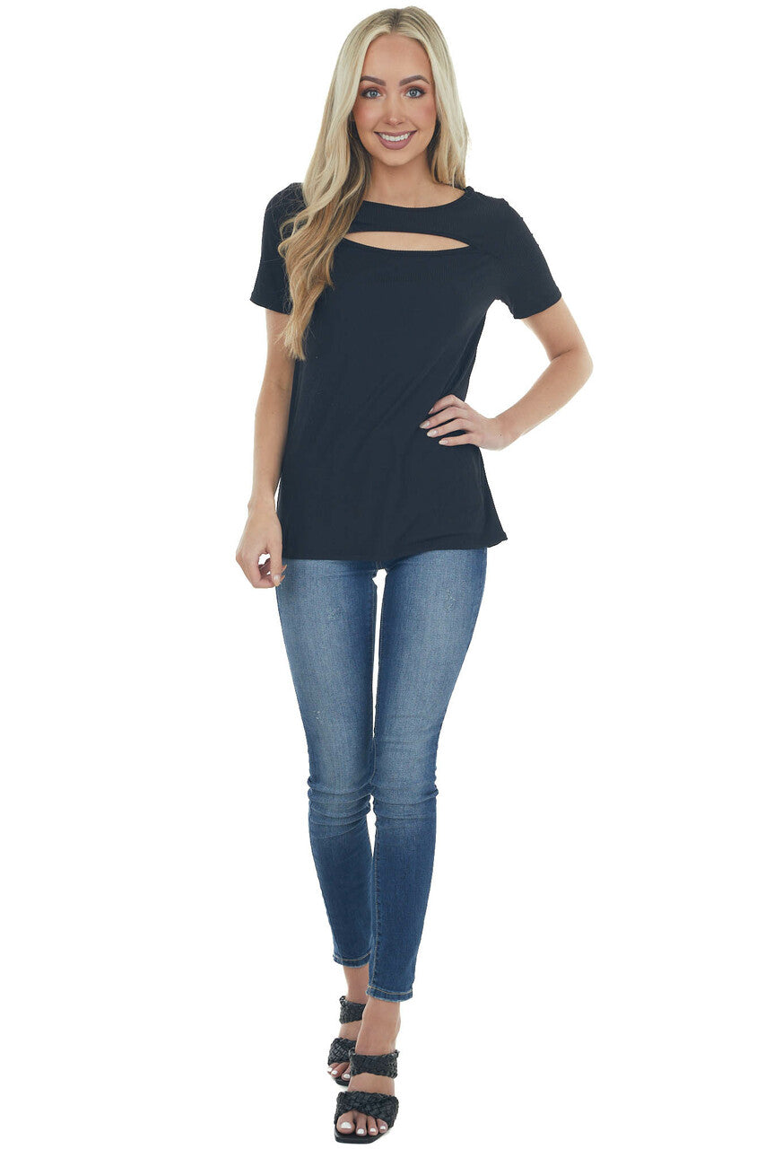 Black Chest Cut Out Ribbed Knit Top
