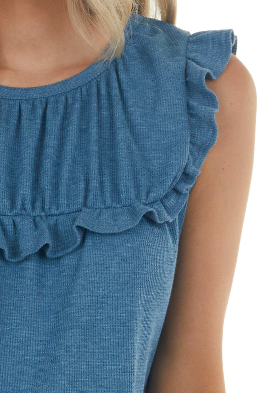 Ocean Waffle Knit Short Flutter Sleeve Babydoll Top 