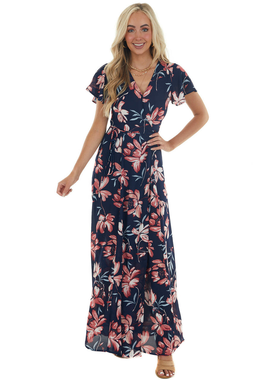 Navy Floral Print Wrap Maxi Dress with Tie 