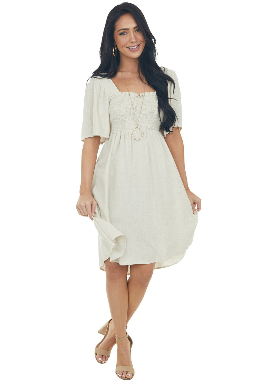 Oatmeal Smocked Flutter Sleeve Linen Dress