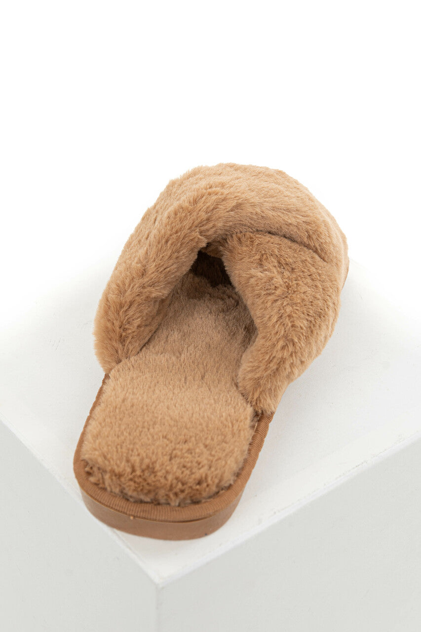 Camel Super Soft Fuzzy Slippers with Criss Cross Straps