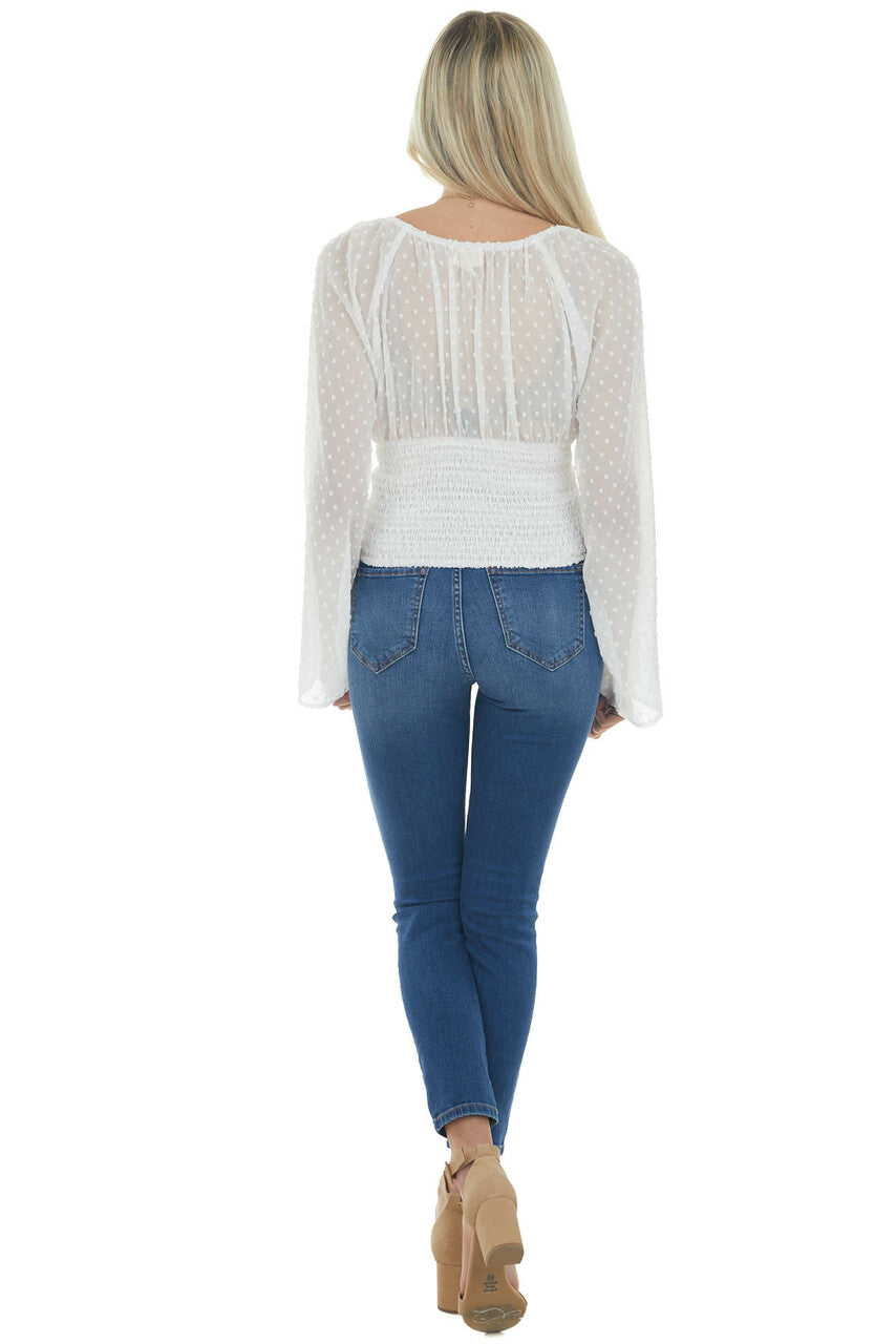 Off White Swiss Dot Ruched Cropped Blouse 