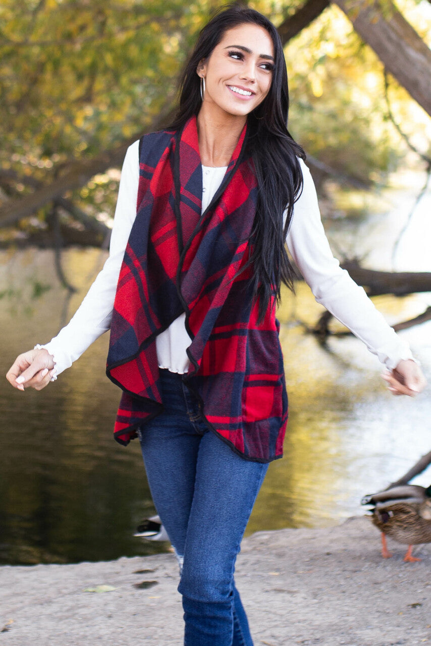 Cherry and Black Open Front Plaid Print Vest with Lapel