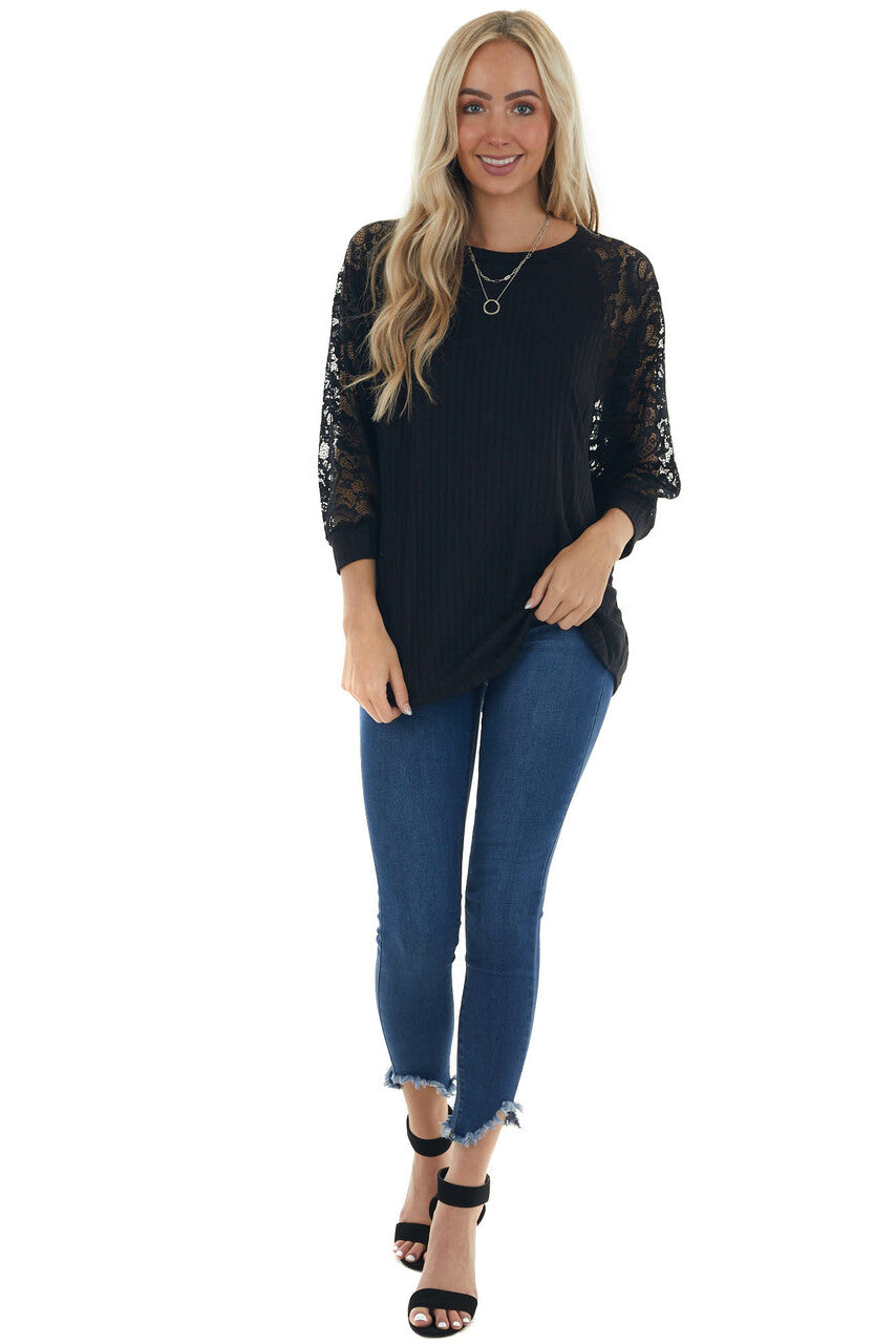 Black Ribbed Dolman 3/4 Lace Sleeve Knit Top