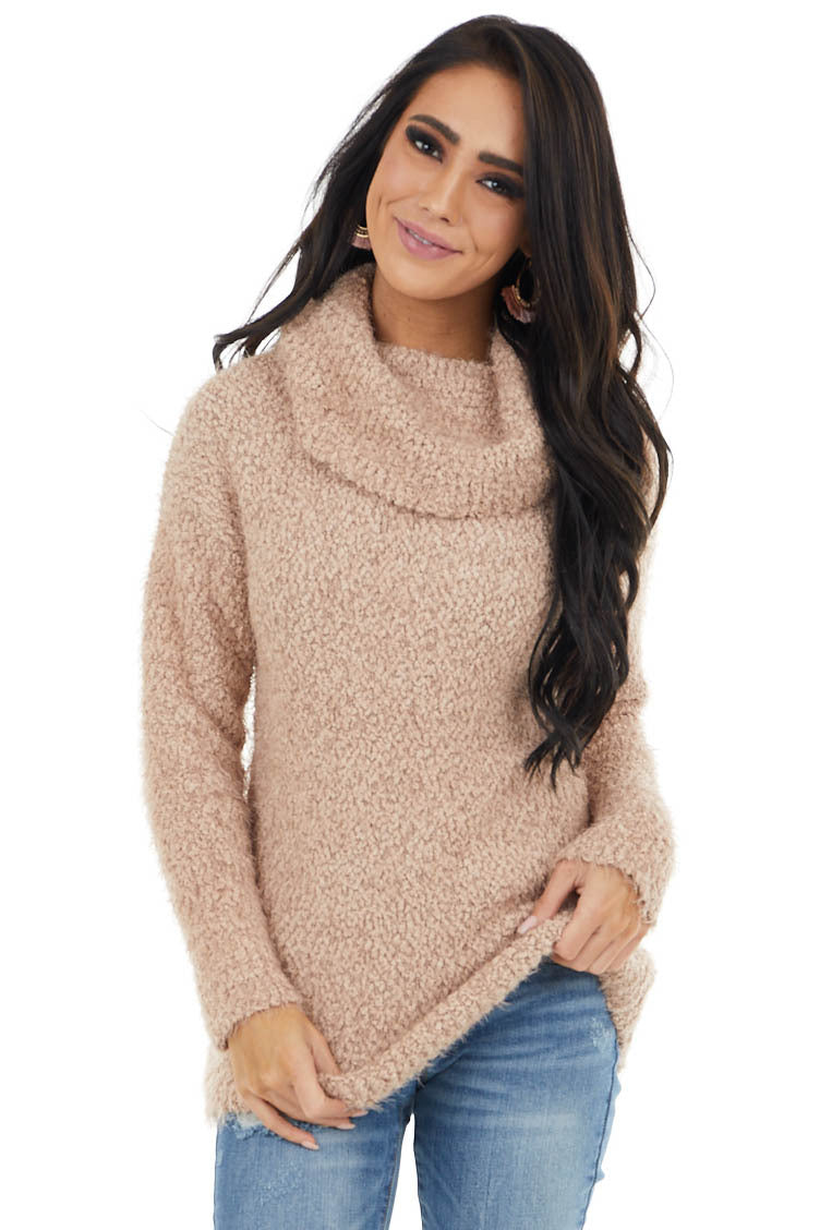 Light Mocha Fuzzy Stretchy Knit Sweater with Turtleneck