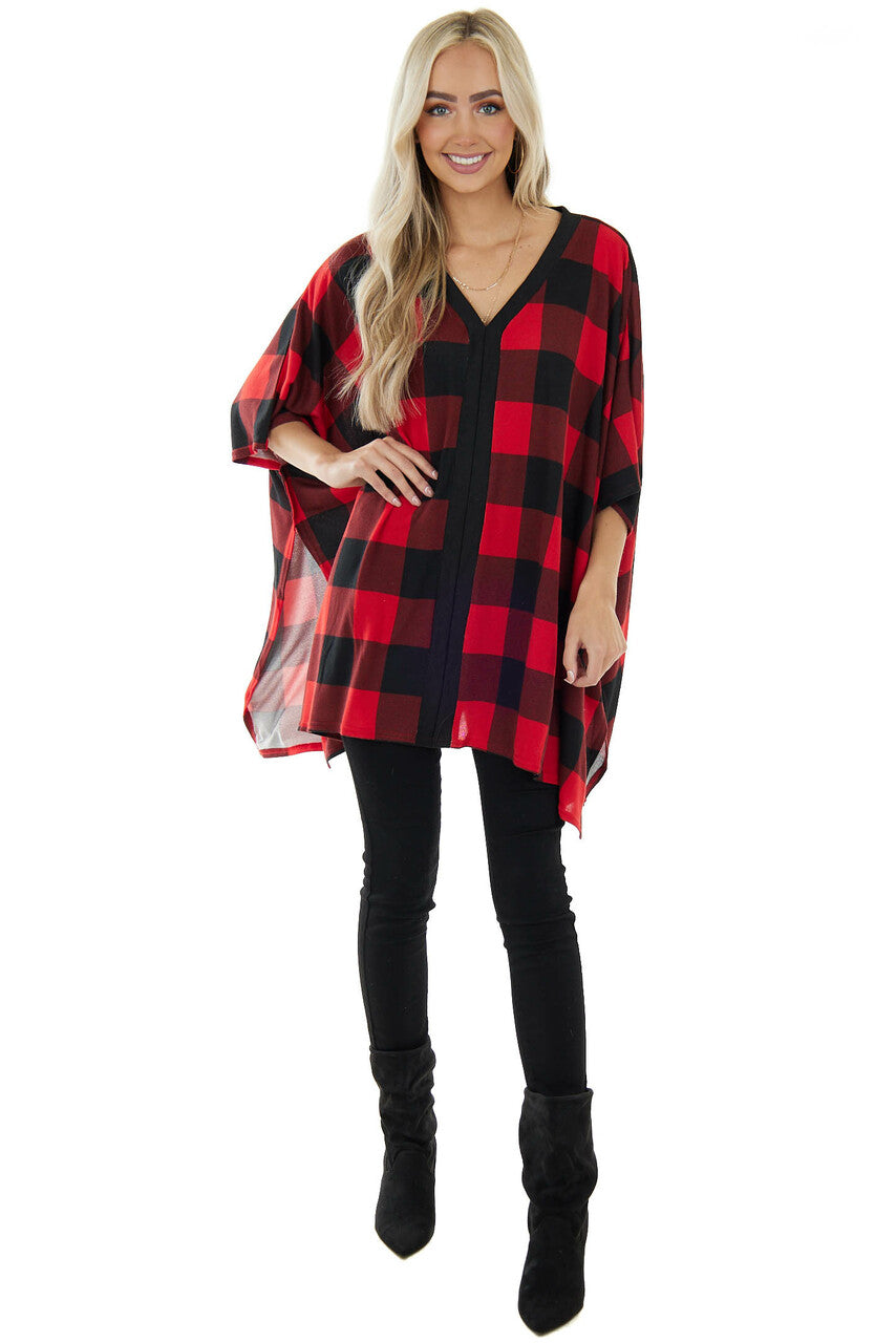 Pomegranate Buffalo Plaid V Neck Poncho Top 