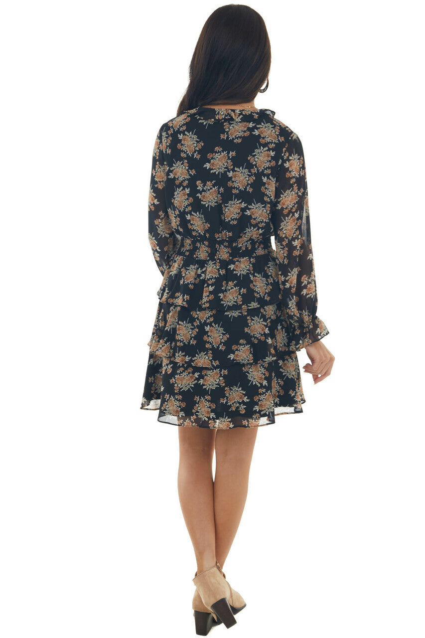 Black and Taupe Floral Surplice Ruffle Dress