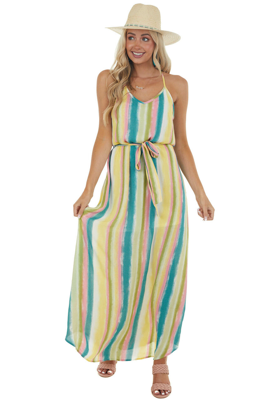 Sea Blue Striped Maxi Dress with Tie Waist