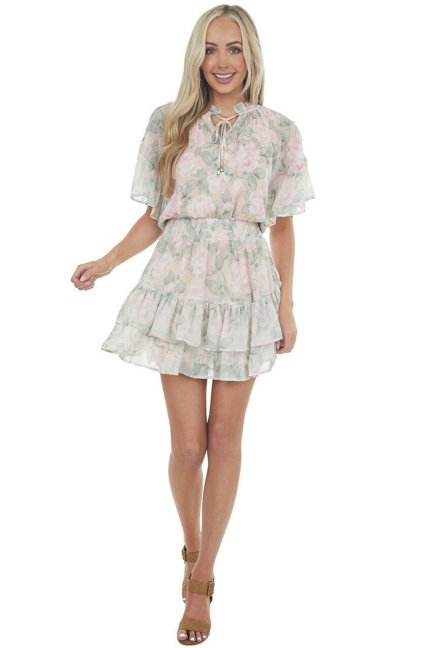 Peach Floral Print Ruffle Woven Mini Dress