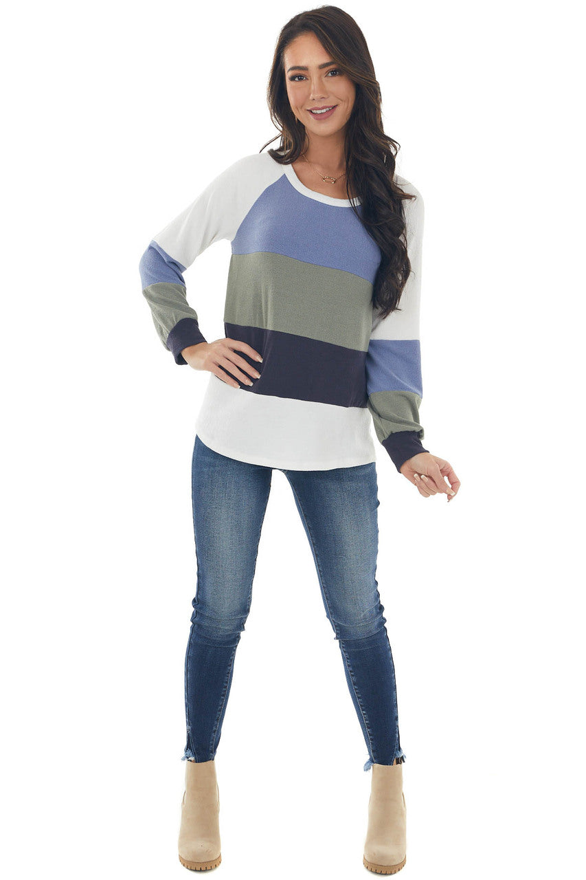 Dusty Blue Colorblock Long Sleeve Knit Top 