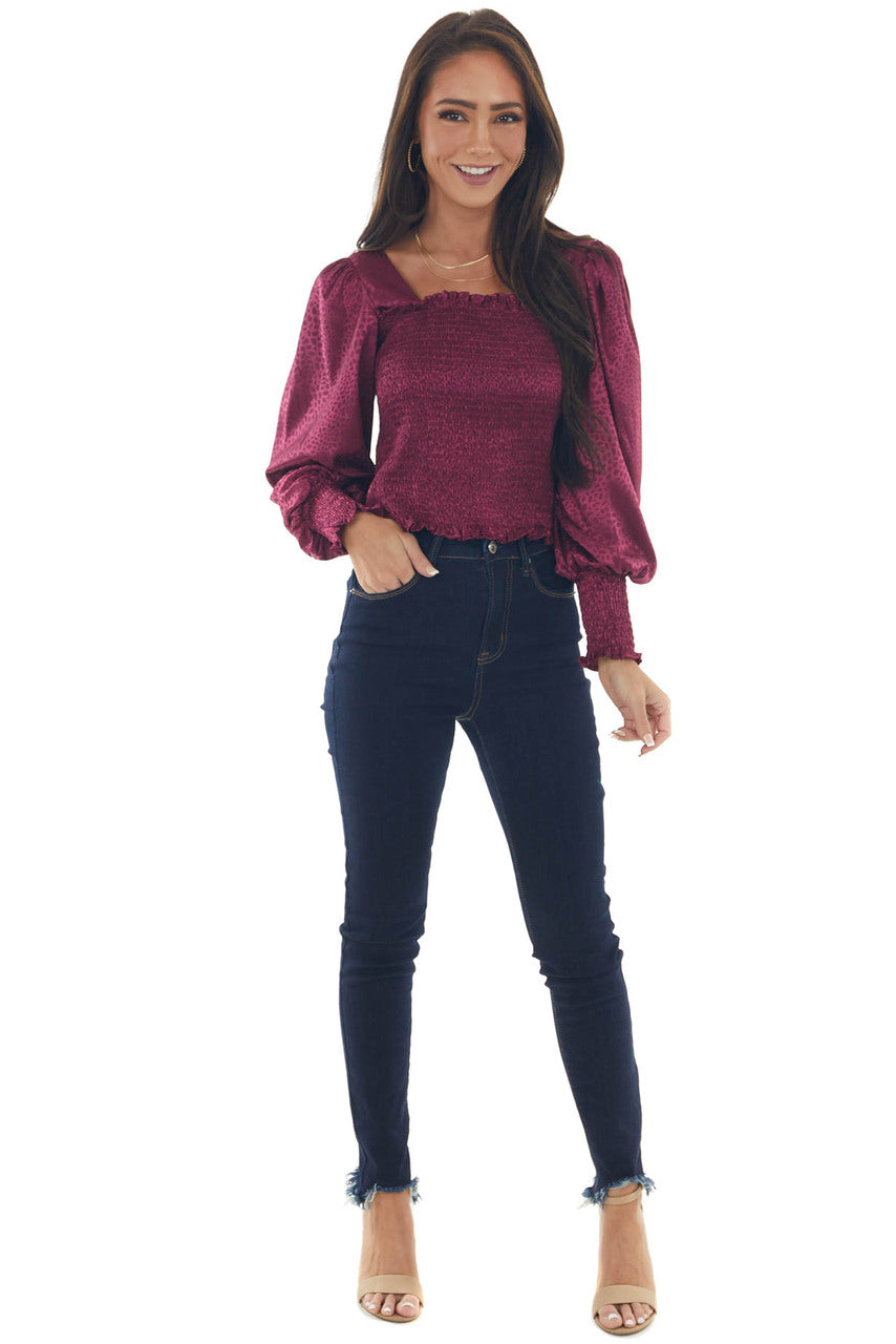 Wine Red Animal Textured Smocked Silk Blouse