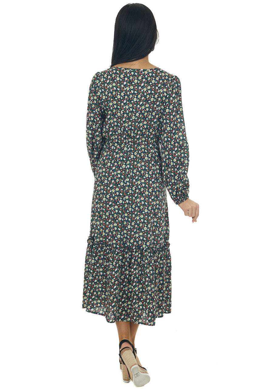 Black Floral Bubble Sleeve Midi Dress