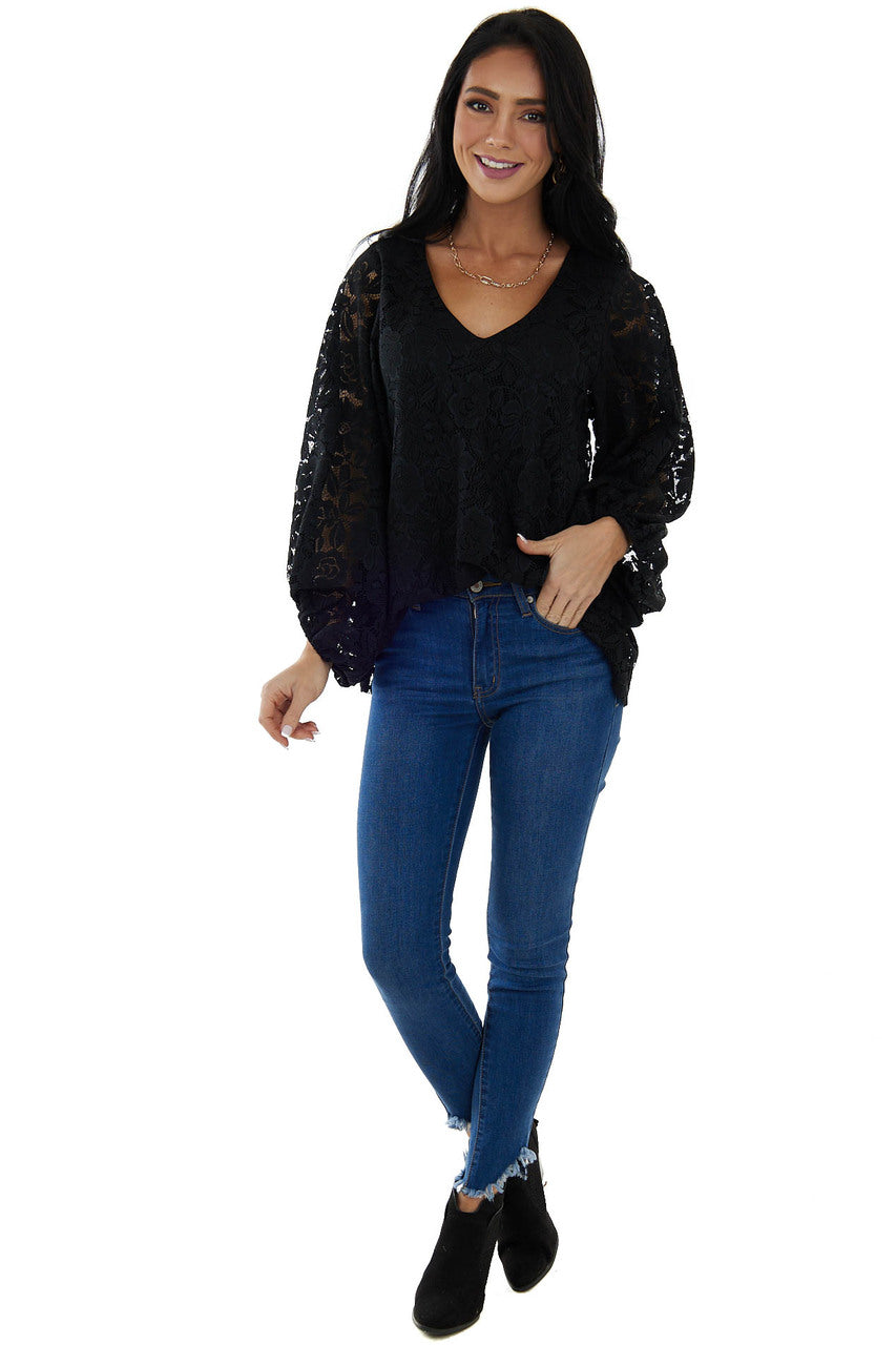 Black Floral Lace Long Bubble Sleeve Blouse