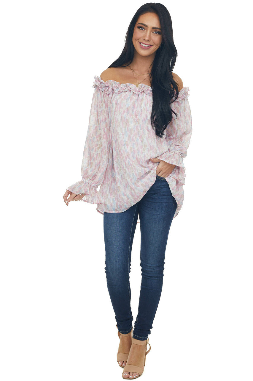 Carnation Watercolor Ruffle Off Shoulder Top