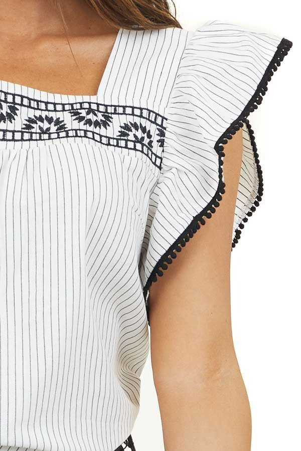 Off White and Black Striped Top with Embroidery Details 