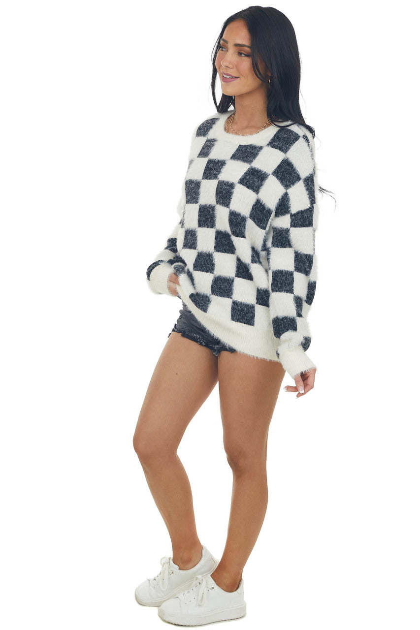 Black and Ivory Checkered Fuzzy Sweater 