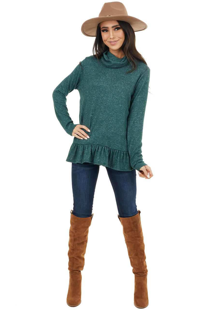 Pine Green Two Tone Cowl Neck Top with Ruffle Hem