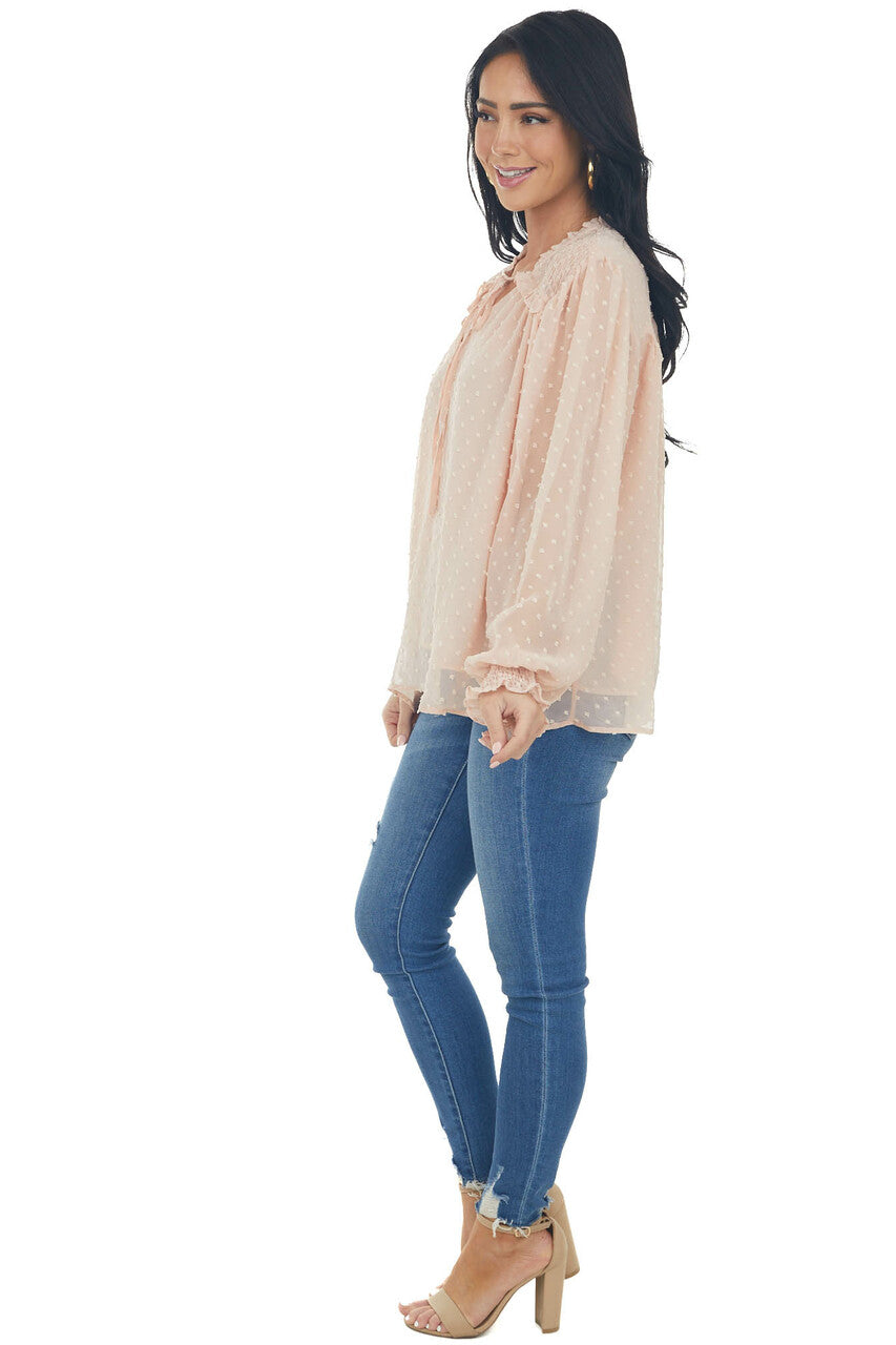Peach Swiss Dot Smocked Peasant Style Blouse