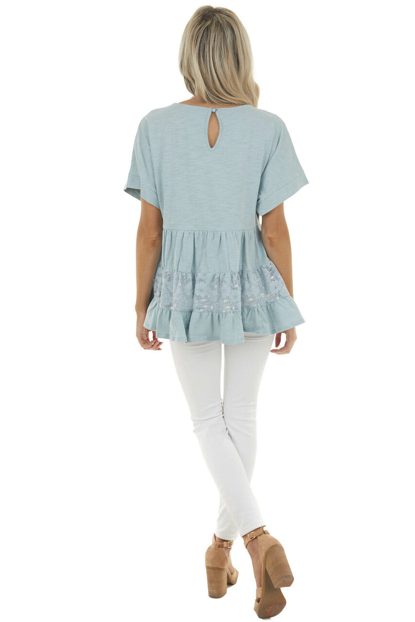Vintage Seafoam Drop Waist Tiered Knit Top with Lace Detail